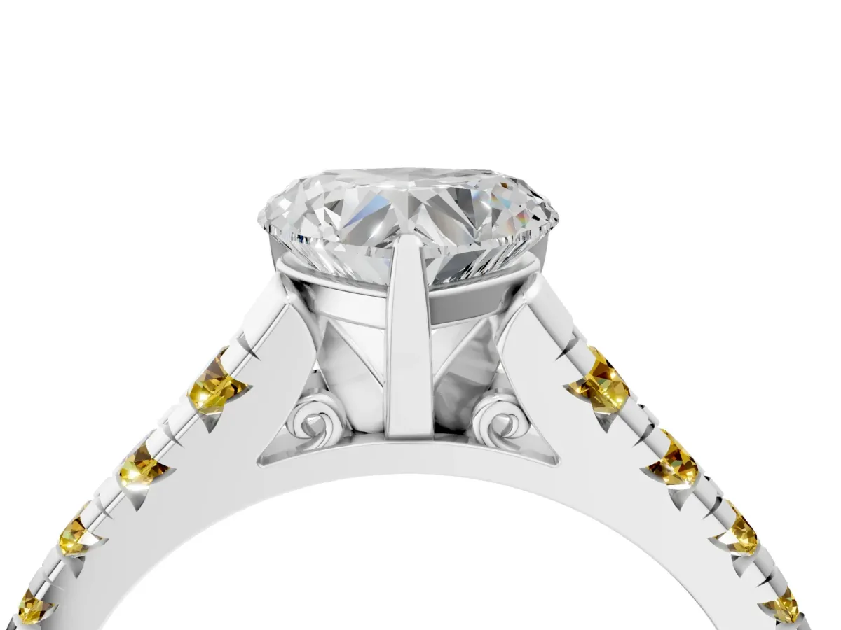 Heart Cut Diamond Cathedral Solitaire Ring with Round Yellow Sapphire Pavé Band Silver
