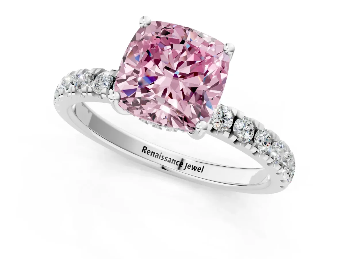 Fancy Pink Cushion Cut Diamond Pave Band Solitaire Ring with Round and Prong Setting Platinum