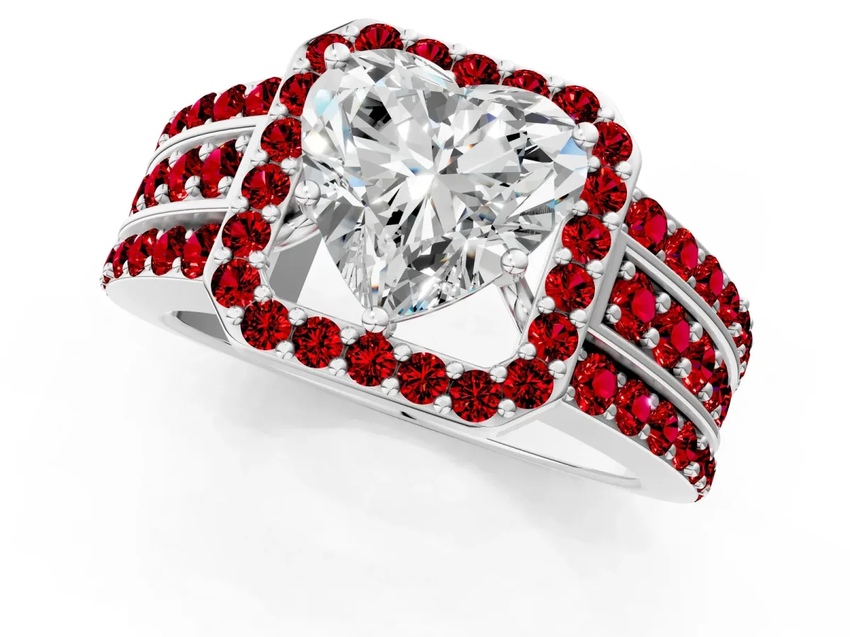 Heart Cut Halo Diamond Ring with Round Ruby Split Shank and Prong Setting Silver