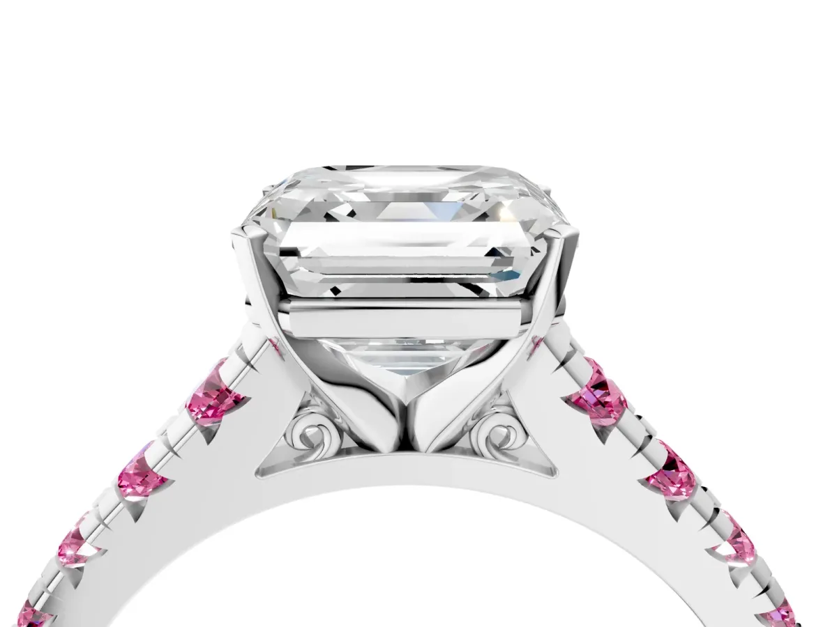Asscher Cut Diamond Cathedral Solitaire Ring with Round Pink Sapphire Pavé Band Platinum