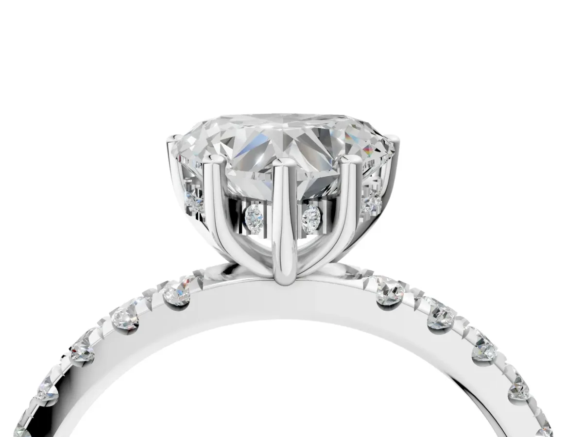 Heart Cut Diamond Pave Band Solitaire Ring with Round and Prong Setting White gold