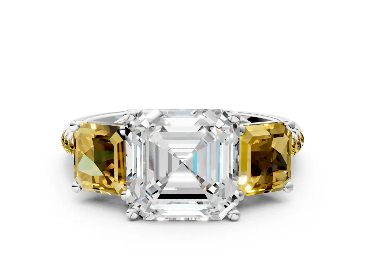 Three-Stone Asscher Cut Diamond Ring with Round Yellow Sapphire Pavé Band and Prong Setting Silver