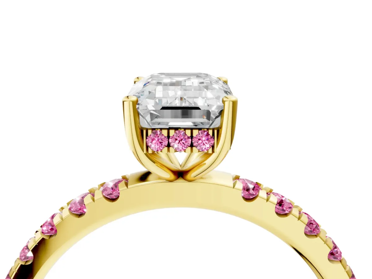 Emerald Cut Diamond Pave Band Solitaire Ring with Round Pink Sapphire and Prong Setting Yellow gold