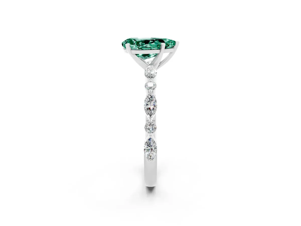 Pear Cut Green Sapphire Ring with Marquise and Round Side Stones and Four-Prong Setting Platinum