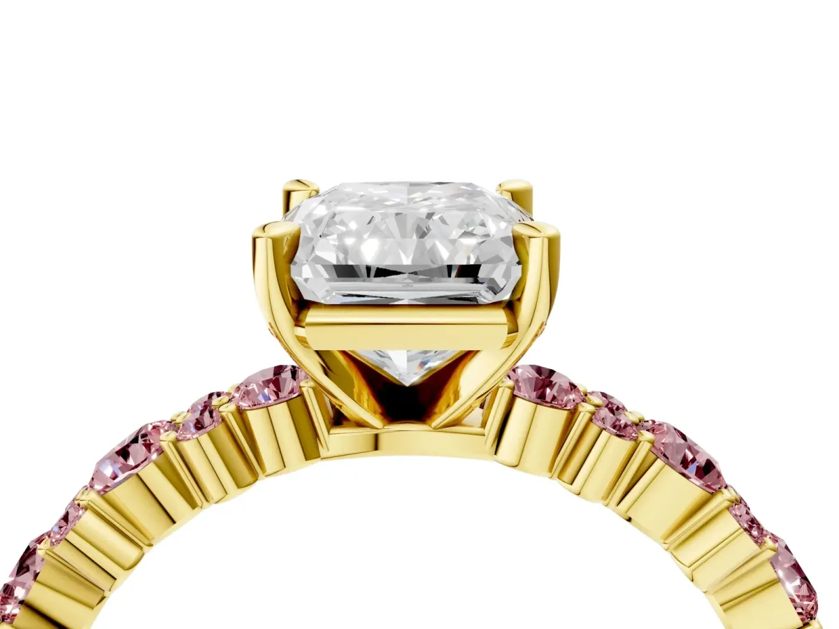 Radiant Cut Diamond Side Stone Solitaire Ring with Round Morganite and Four-Prong Setting Yellow gold