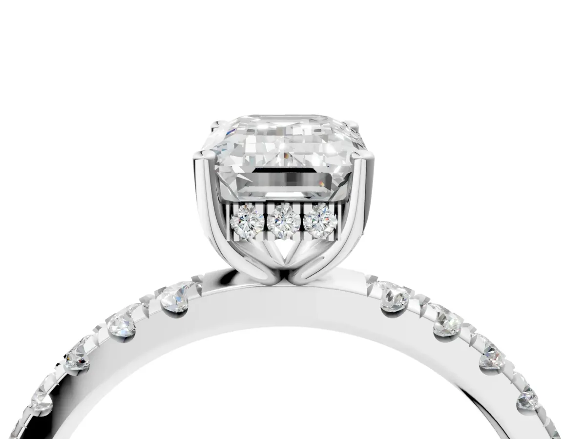 Emerald Cut Diamond Pave Band Solitaire Ring with Round Moissanite and Prong Setting White gold