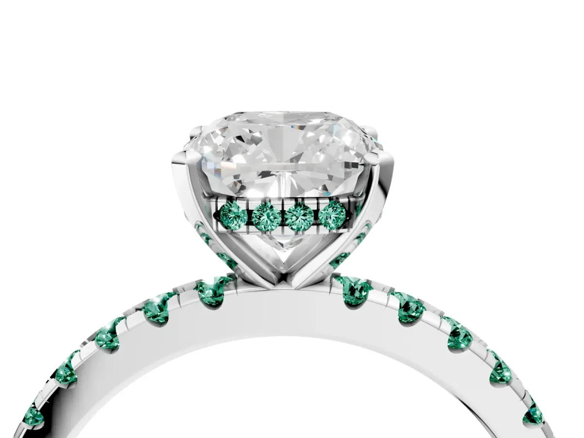 Cushion Cut Diamond Solitaire Ring with Round Green Sapphire Pavé Band and Four-Prong Setting Silver