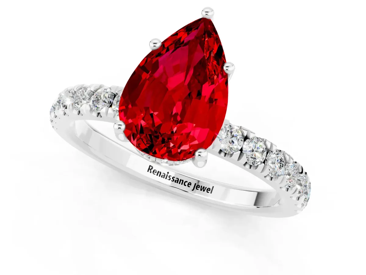 Pear Cut Ruby Pave Band Solitaire Ring with Round and Prong Setting White gold