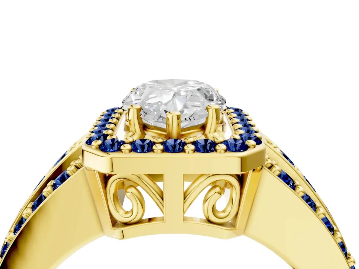 Pear Cut Halo Diamond Ring with Round Blue Sapphire Split Shank and Prong Setting Yellow gold
