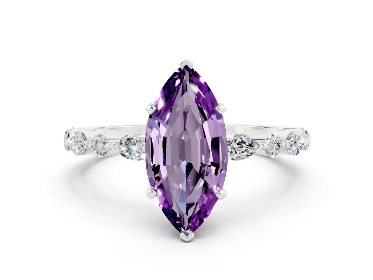 Marquise Cut Amethyst Ring with Marquise and Round Side Stones and Four-Prong Setting Platinum