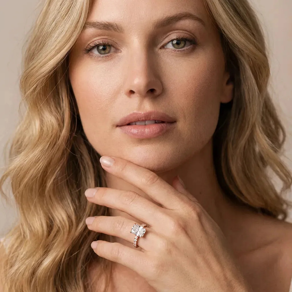 Radiant Cut Diamond Pave Band Solitaire Ring with Round and Prong Setting Rose gold