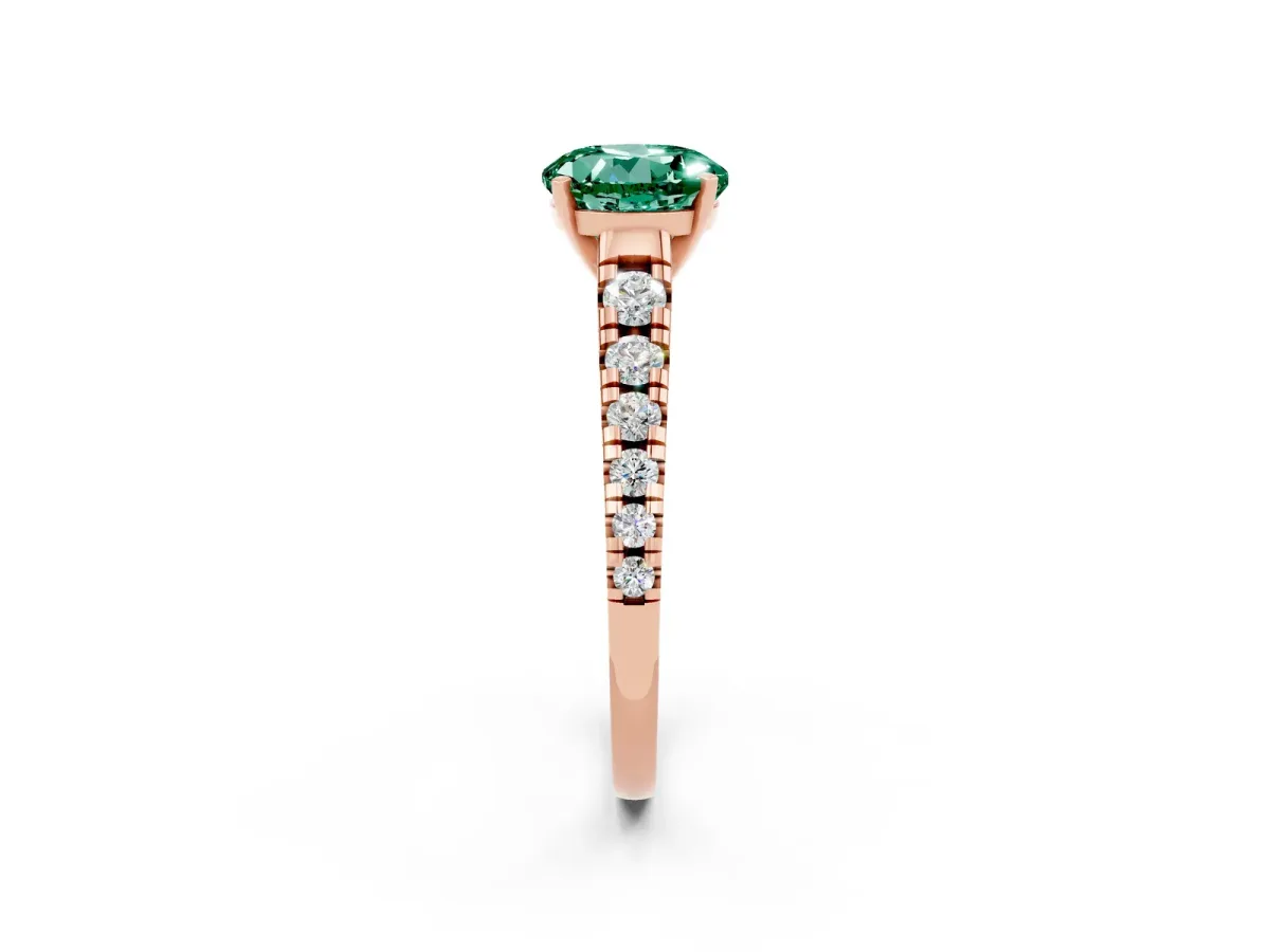 Round Cut Green Sapphire Cathedral Solitaire Ring with Round Pavé Band Rose gold