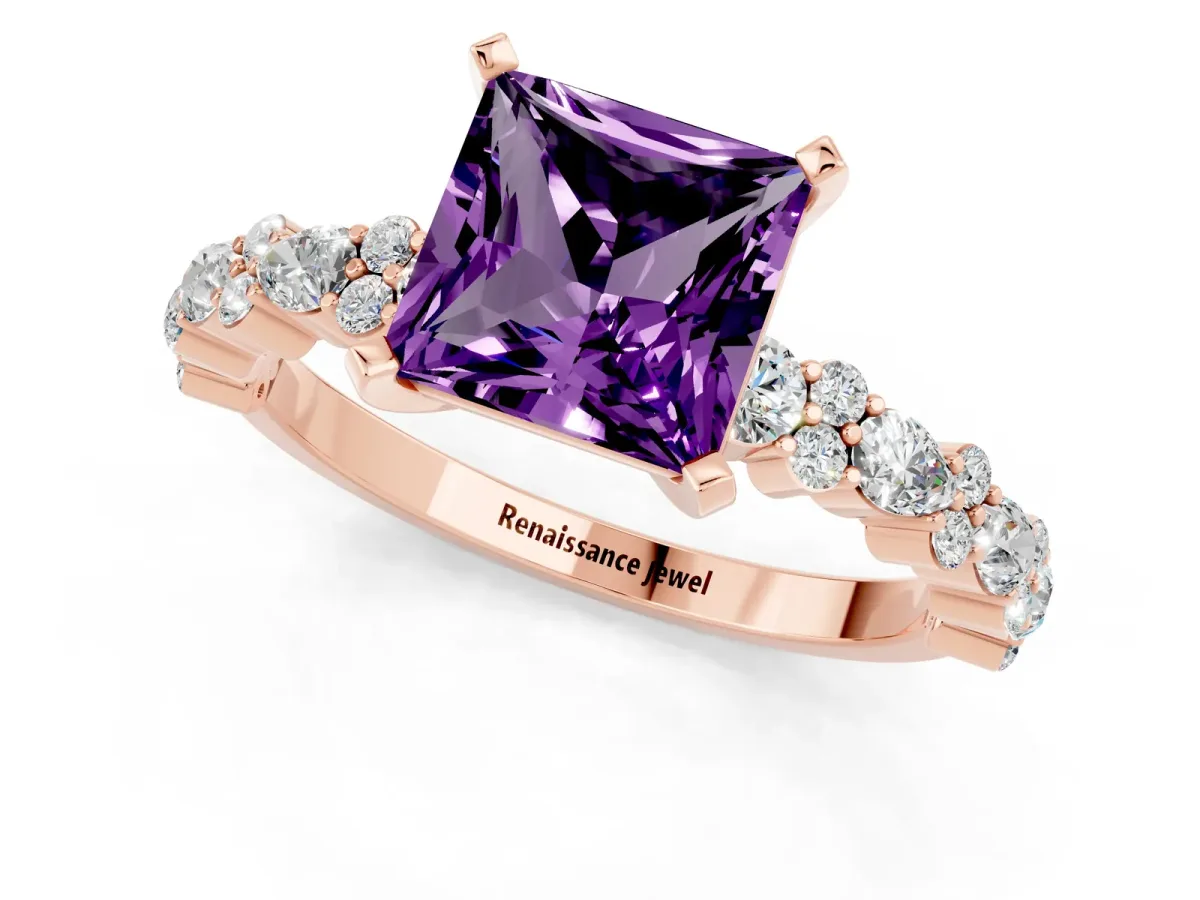 Princess Cut Amethyst Side Stone Solitaire Ring with Round and Four-Prong Setting Rose gold