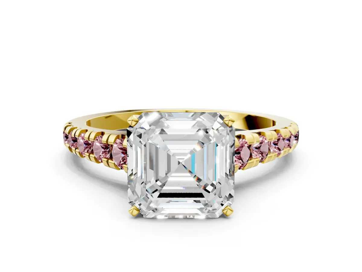 Asscher Cut Diamond Cathedral Solitaire Ring with Round Morganite Pavé Band Yellow gold