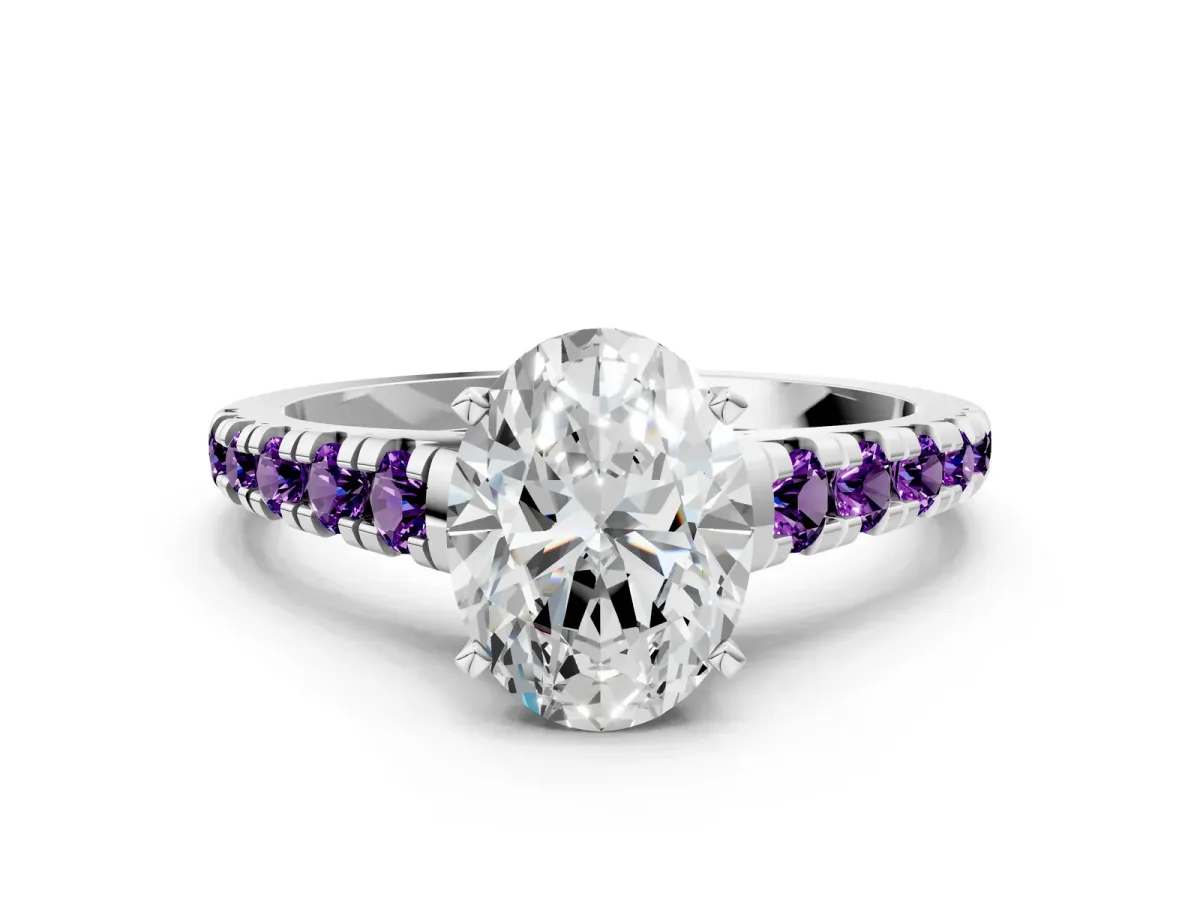 Oval Cut Diamond Cathedral Solitaire Ring with Round Amethyst Pavé Band White gold