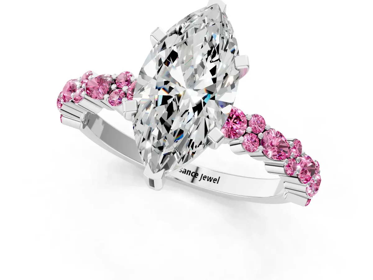 Marquise Cut Diamond Side Stone Solitaire Ring with Round Pink Sapphire and Four-Prong Setting Platinum