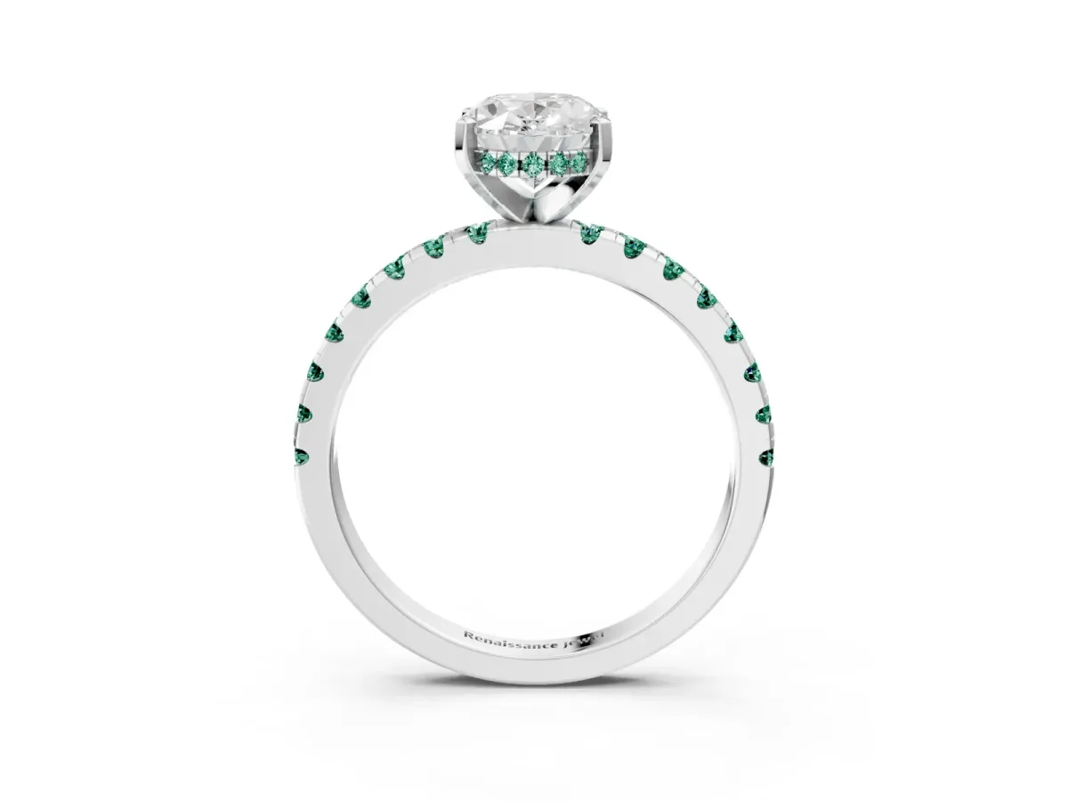 Oval Cut Diamond Solitaire Ring with Round Green Sapphire Pavé Band and Four-Prong Setting Silver