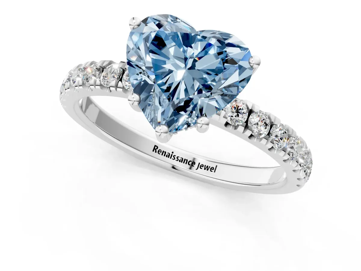 Fancy Blue Heart Cut Diamond Pave Band Solitaire Ring with Round and Prong Setting White gold
