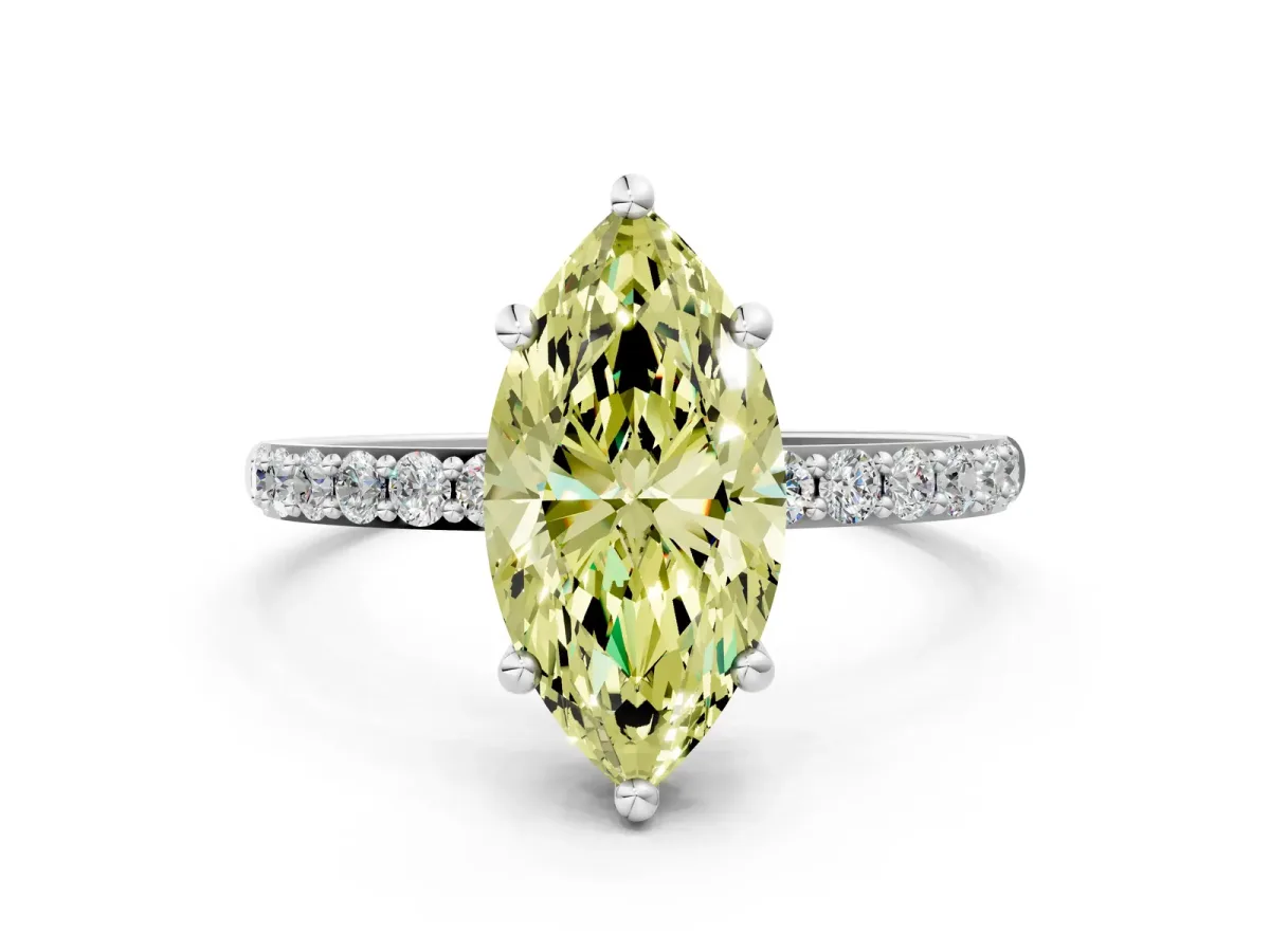 Fancy Yellow Marquise Cut Diamond Solitaire Ring with Round Pavé Band and Prong Setting Silver