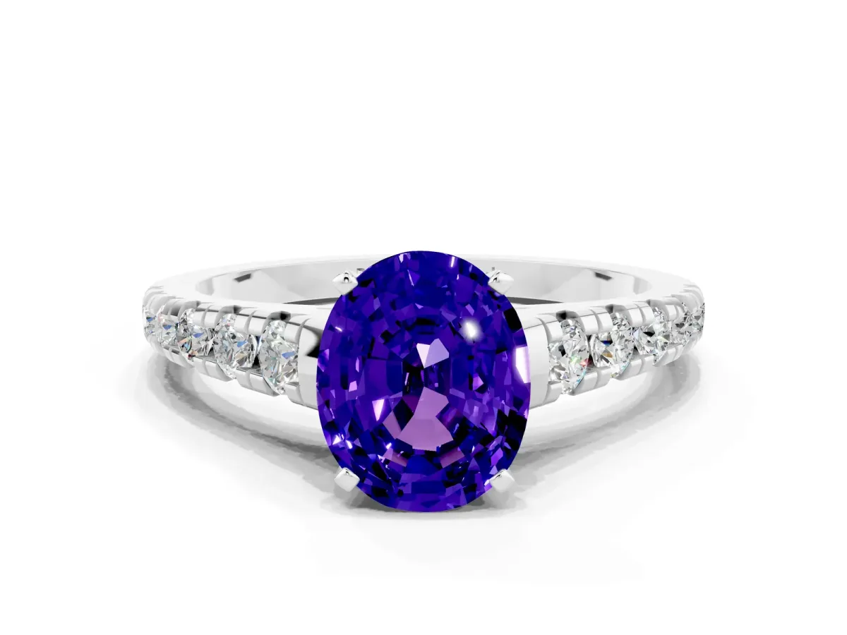 Oval Cut Tanzanite Cathedral Solitaire Ring with Round Pavé Band White gold