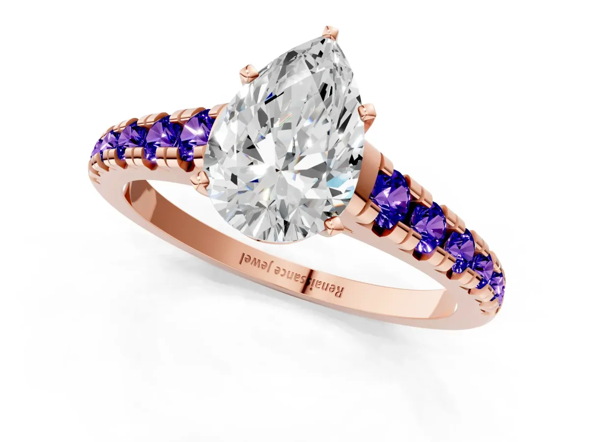 Pear Cut Diamond Cathedral Solitaire Ring with Round Tanzanite Pavé Band Rose gold