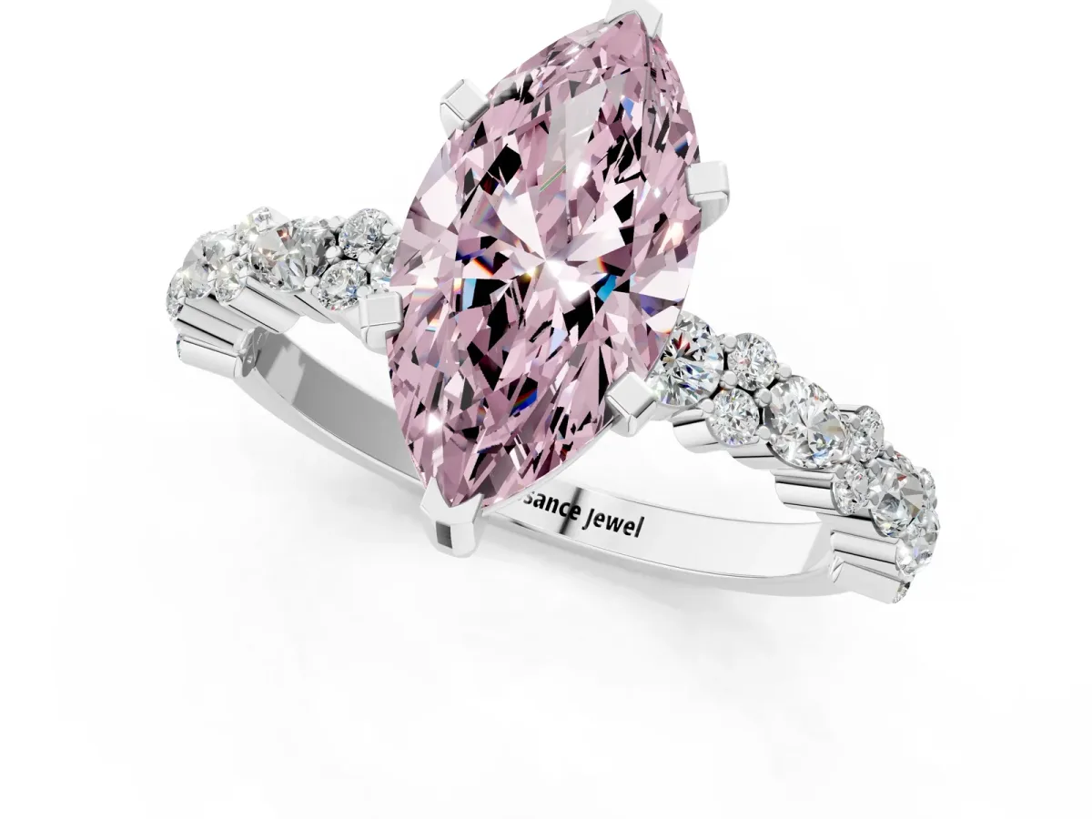Fancy Pink Marquise Cut Diamond Side Stone Solitaire Ring with Round and Four-Prong Setting White gold