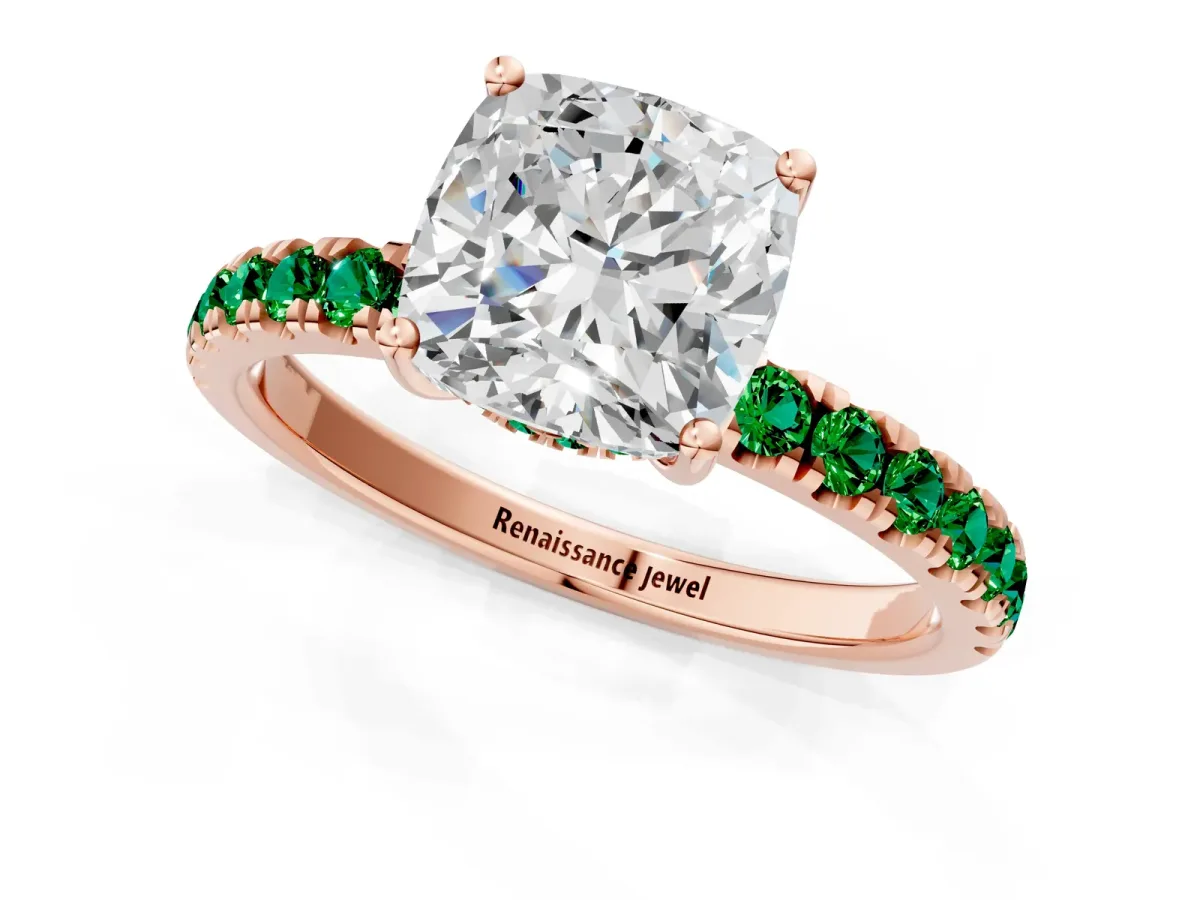Cushion Cut Diamond Pave Band Solitaire Ring with Round Emerald and Prong Setting Rose gold