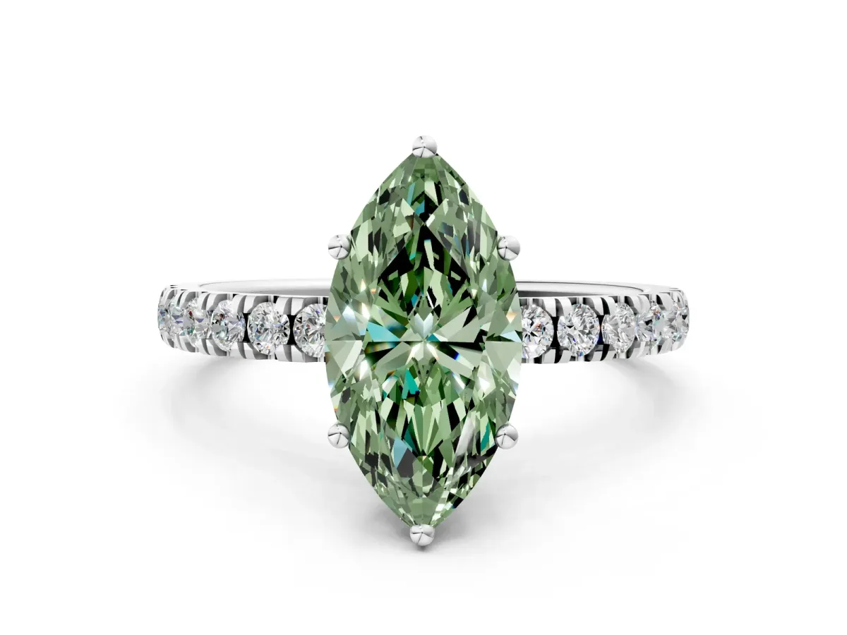Fancy Green Marquise Cut Diamond Pave Band Solitaire Ring with Round and Prong Setting Silver