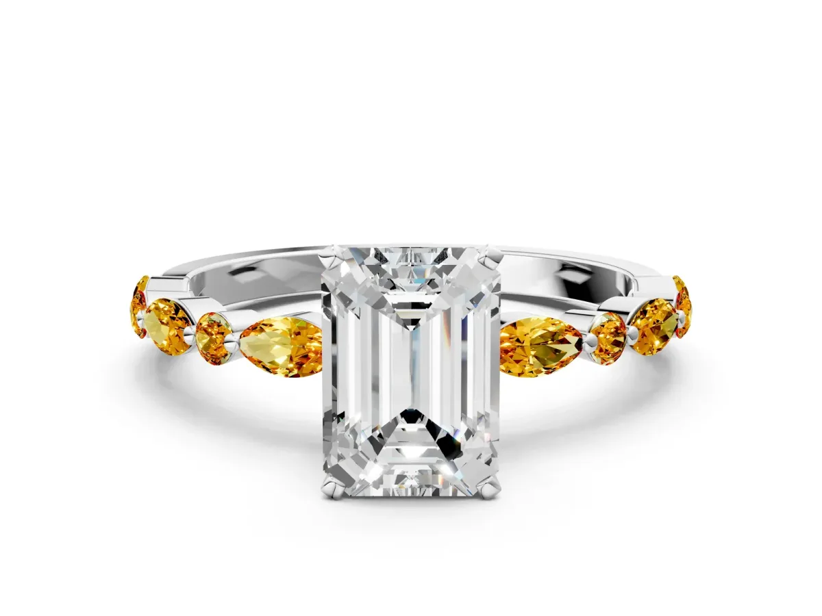 Emerald Cut Diamond Ring with Marquise and Round Citrine Side Stones and Four-Prong Setting Platinum