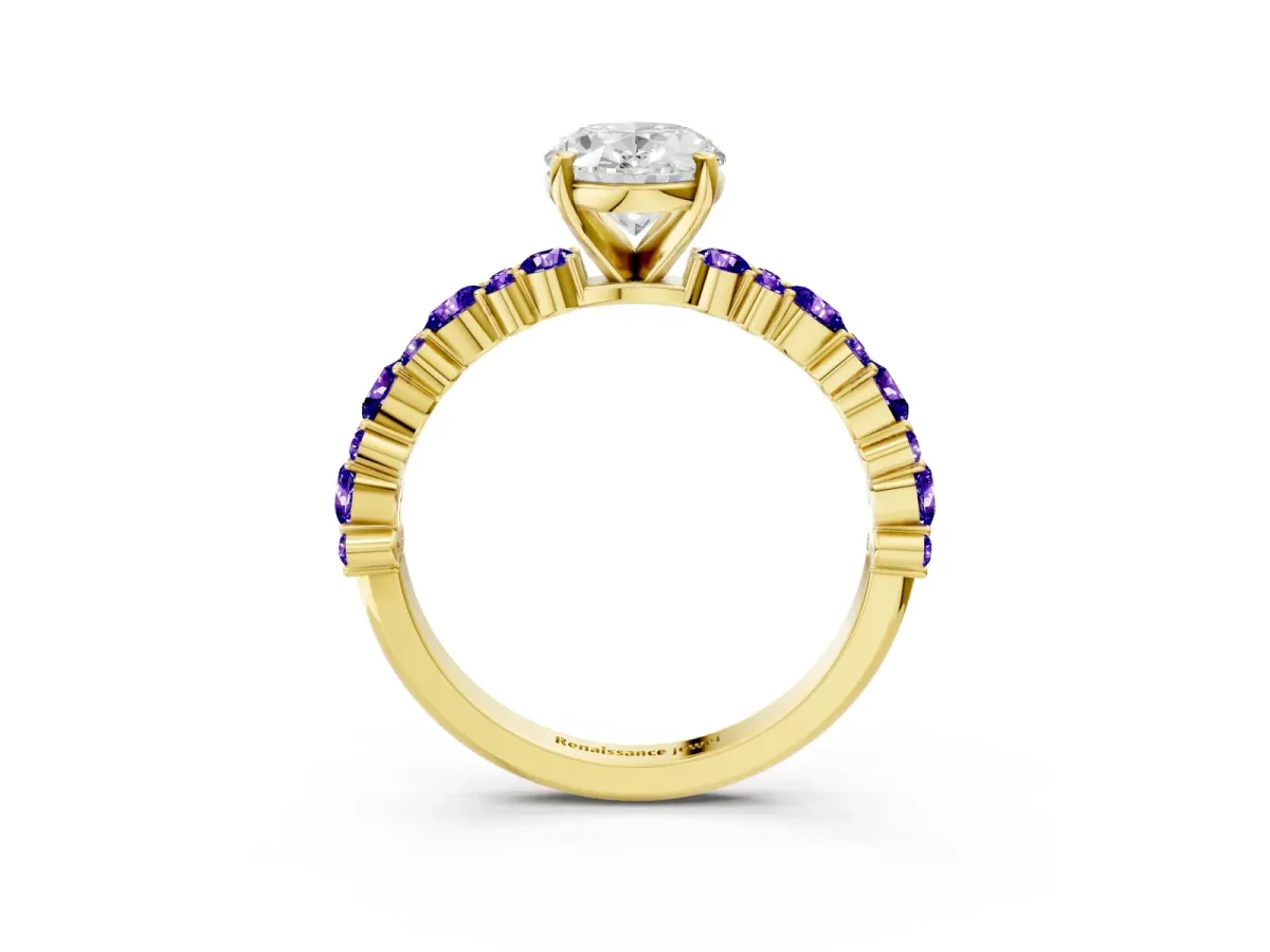 Oval Cut Diamond Side Stone Solitaire Ring with Round Tanzanite and Four-Prong Setting Yellow gold