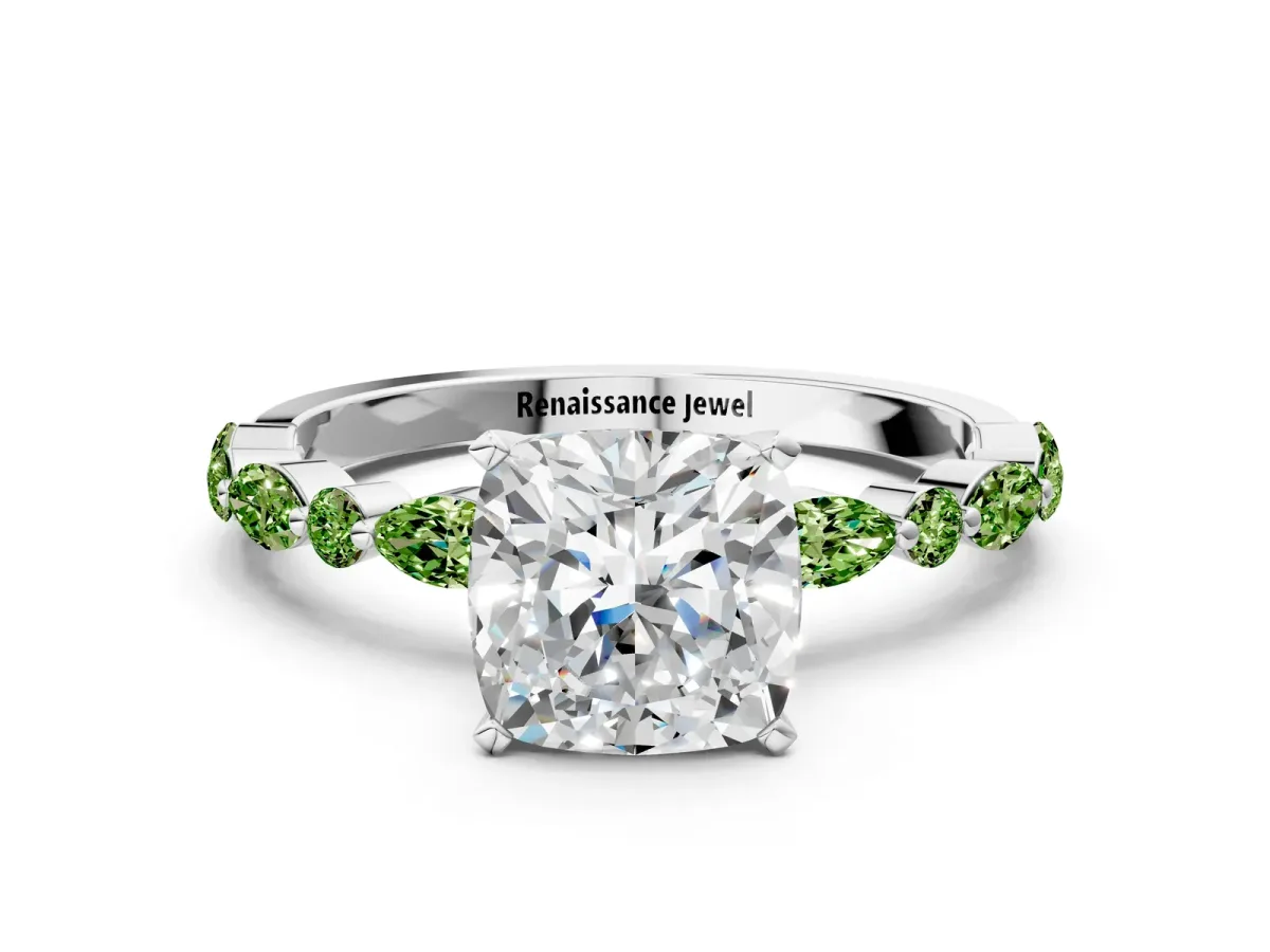 Cushion Cut Diamond Ring with Marquise and Round Peridot Side Stones and Four-Prong Setting Silver