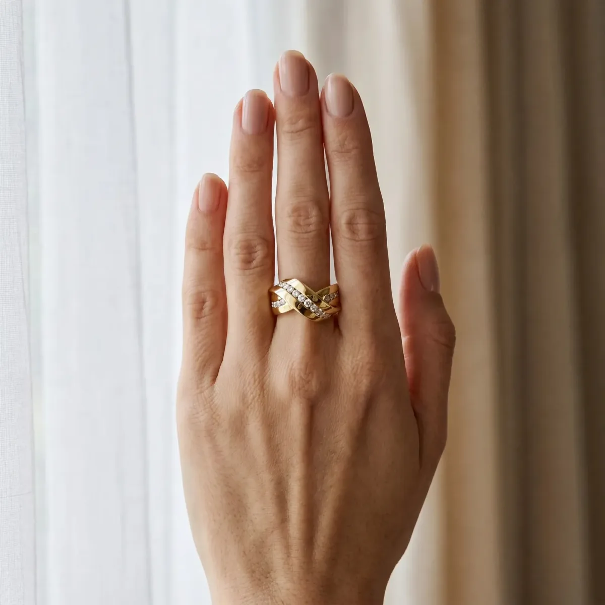 Pavé Round Diamond Crossover Band with Channel Setting Yellow gold