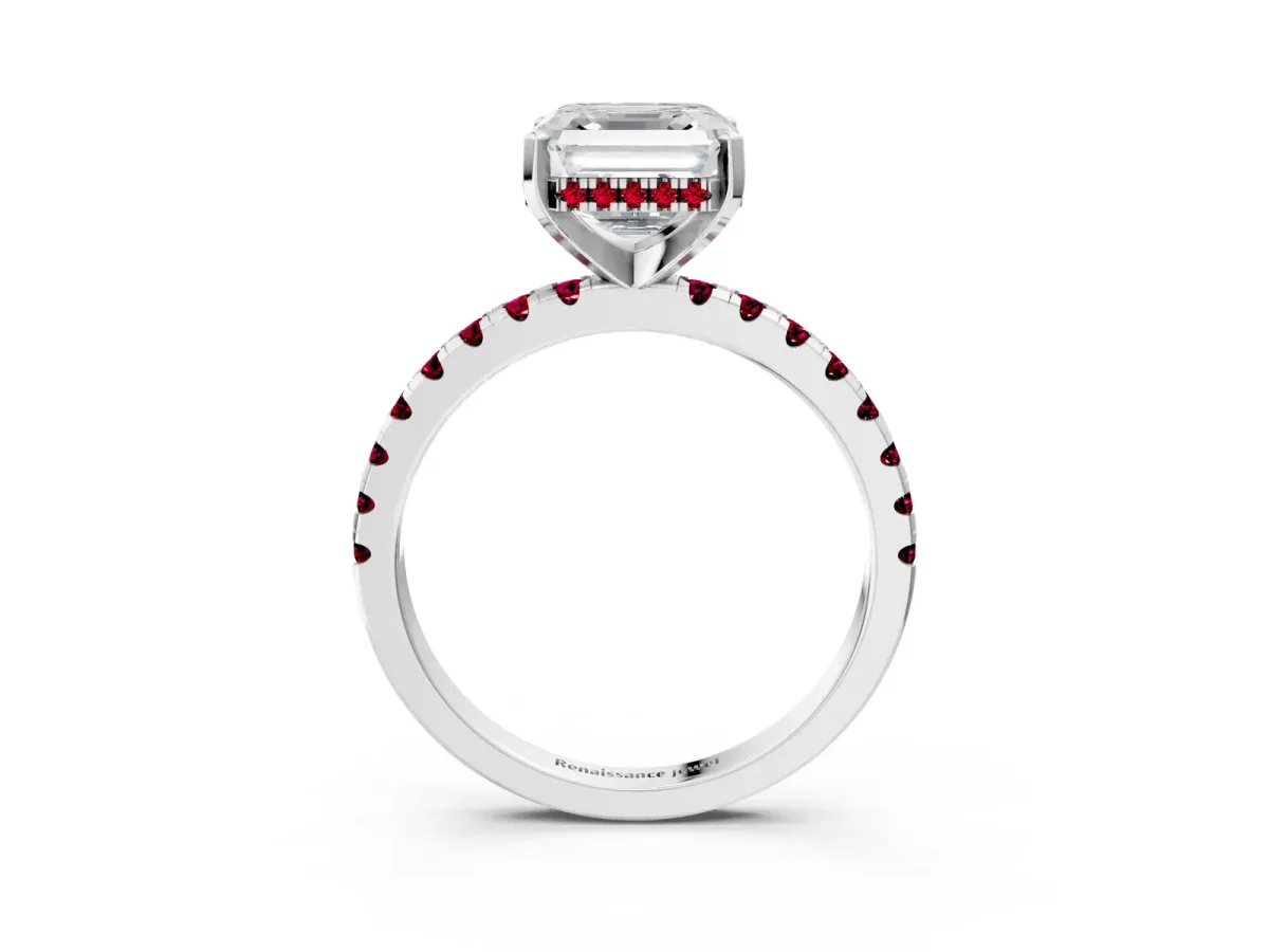 Asscher Cut Diamond Solitaire Ring with Round Garnet Pavé Band and Four-Prong Setting Silver