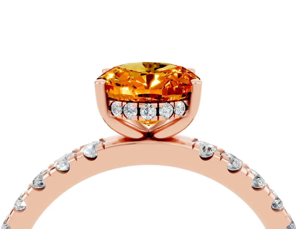 Oval Cut Citrine Pave Band Solitaire Ring with Round and Prong Setting Rose gold