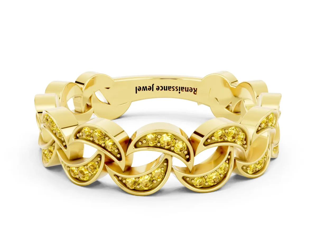 Pavé Round Yellow Sapphire Interlocking Eternity Band with Bezel Prong Setting Yellow gold