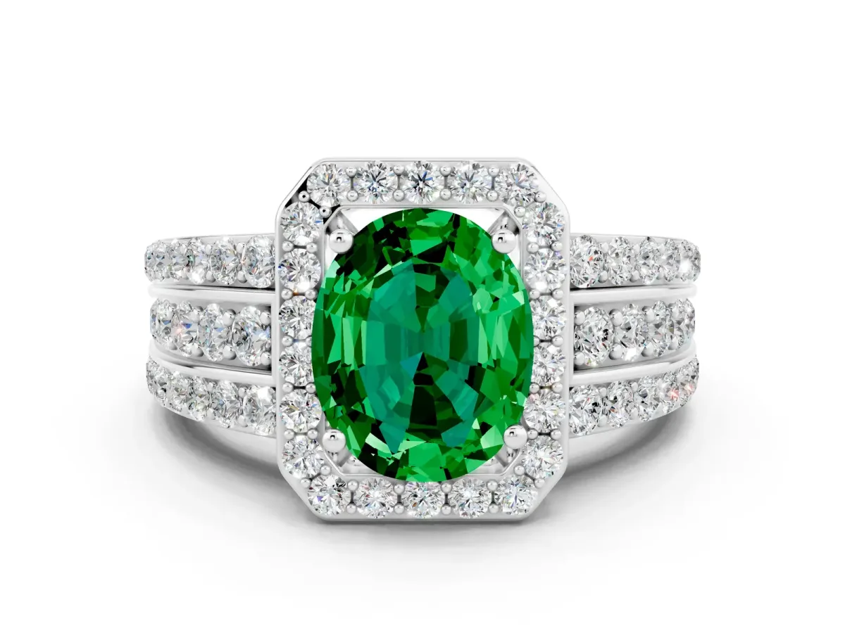 Oval Cut Halo Emerald Ring with Round Split Shank and Prong Setting Platinum