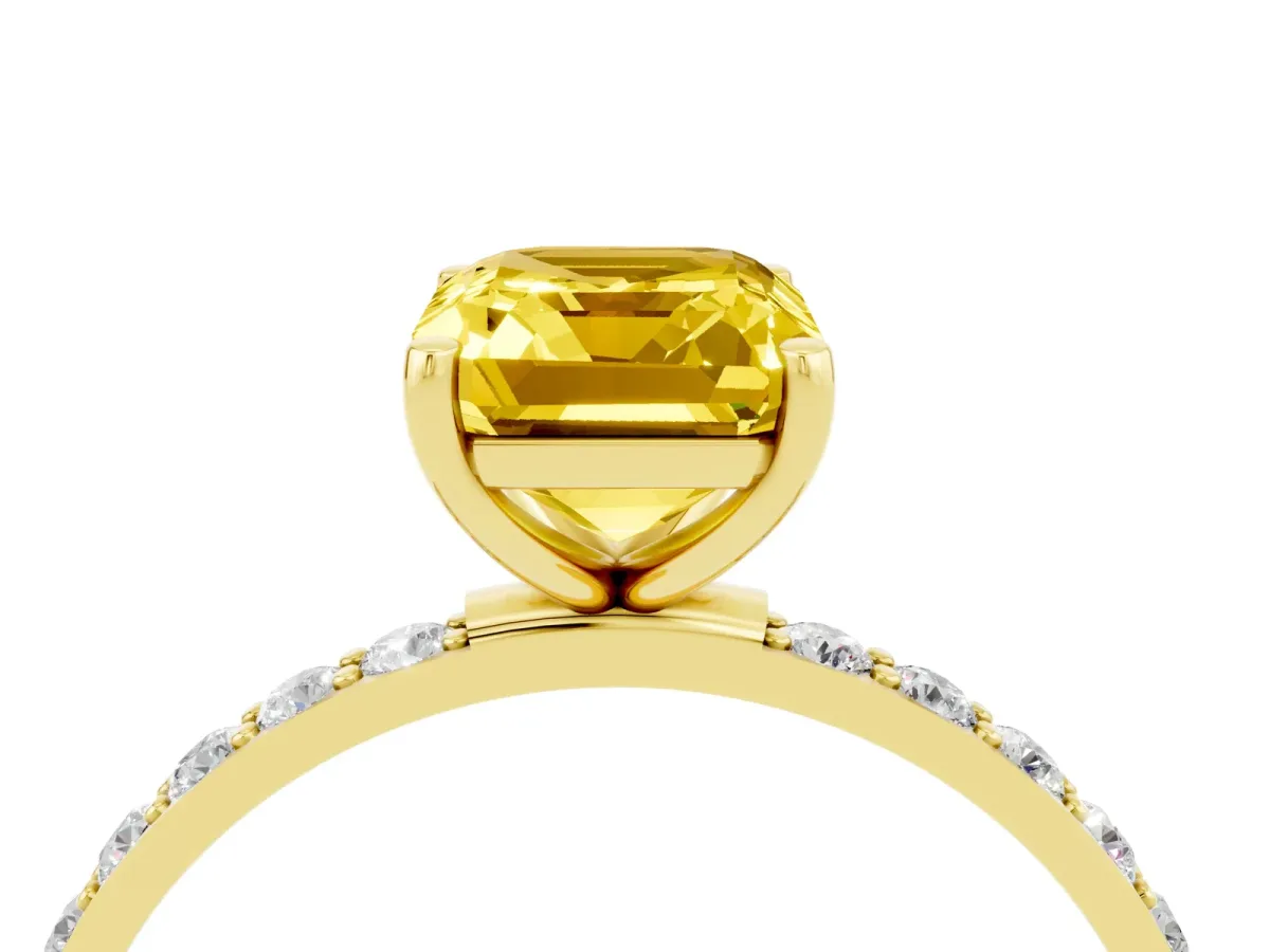 Emerald Cut Yellow Sapphire Solitaire Ring with Round Pavé Band and Prong Setting Yellow gold