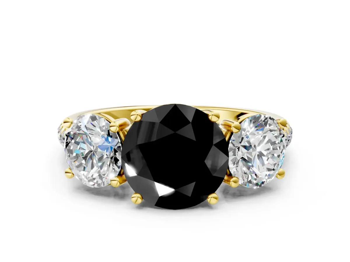 Fancy Black Three-Stone Round Cut Diamond Ring with Round Pavé Band and Prong Setting Yellow gold