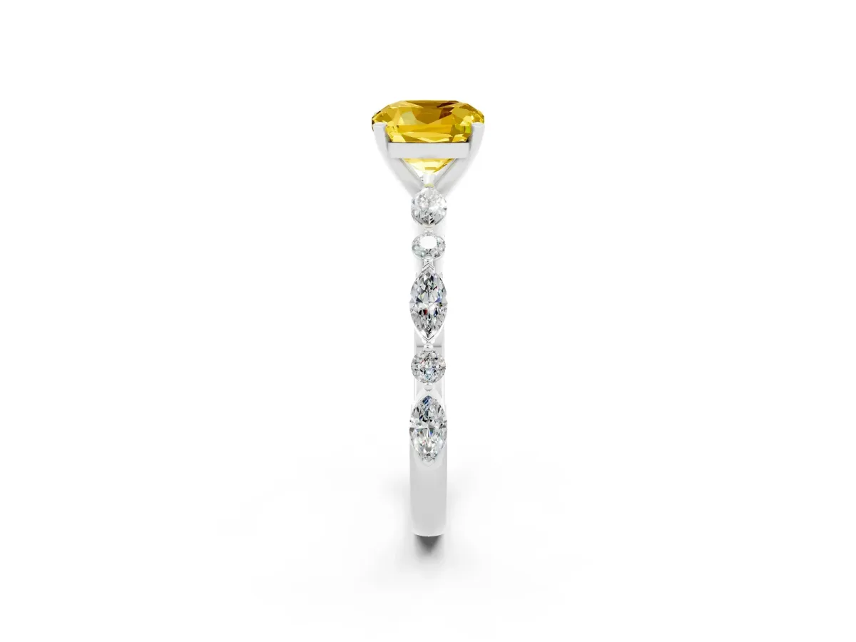 Cushion Cut Yellow Sapphire Ring with Marquise and Round Side Stones and Four-Prong Setting Silver
