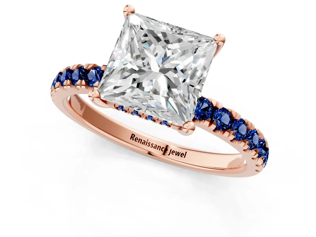 Princess Cut Diamond Pave Band Solitaire Ring with Round Blue Sapphire and Prong Setting Rose gold