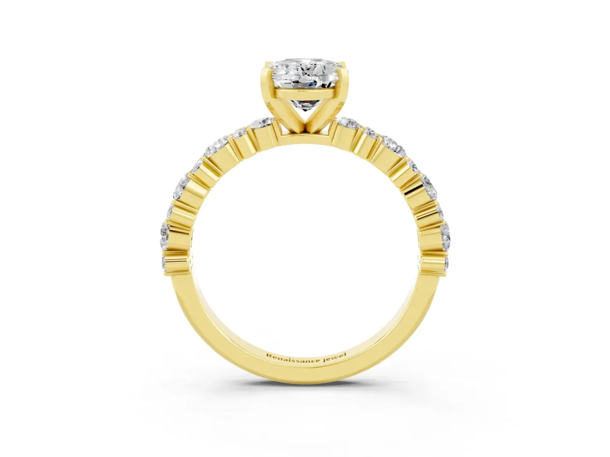Oval Cut Moissanite Side Stone Solitaire Ring with Round and Four-Prong Setting Yellow gold