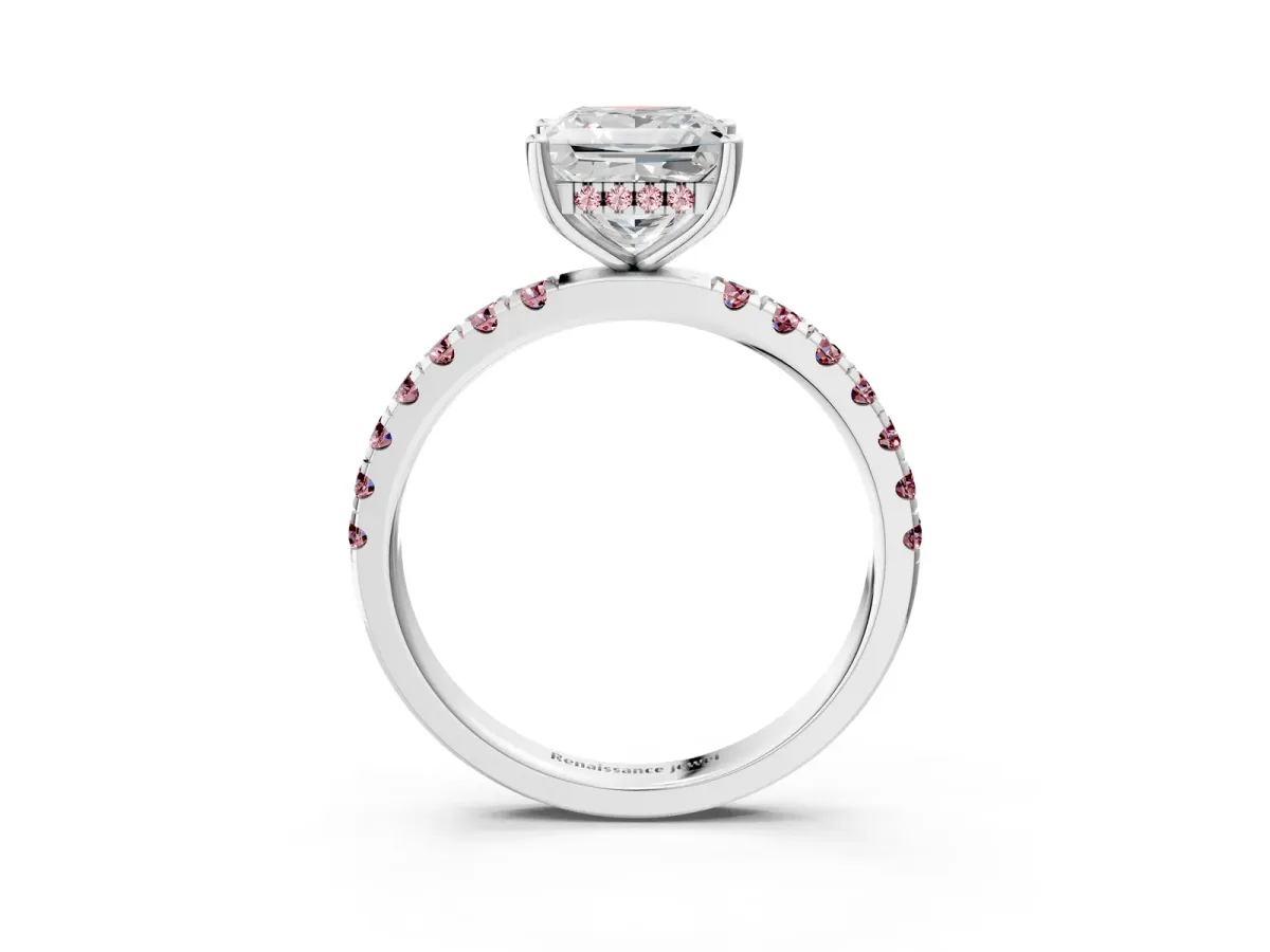Princess Cut Diamond Pave Band Solitaire Ring with Round Morganite and Prong Setting Silver