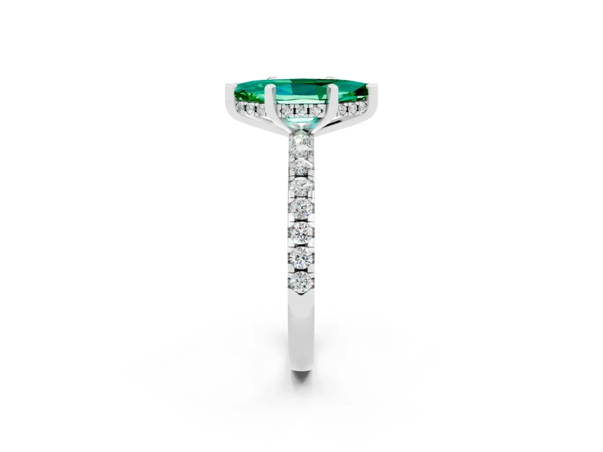 Marquise Cut Emerald Solitaire Ring with Round Pavé Band and Four-Prong Setting White gold
