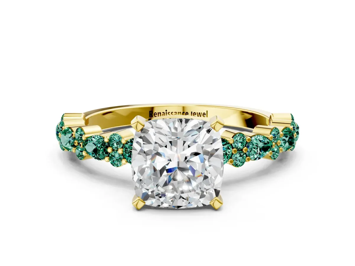 Cushion Cut Diamond Side Stone Solitaire Ring with Round Green Sapphire and Four-Prong Setting Yellow gold