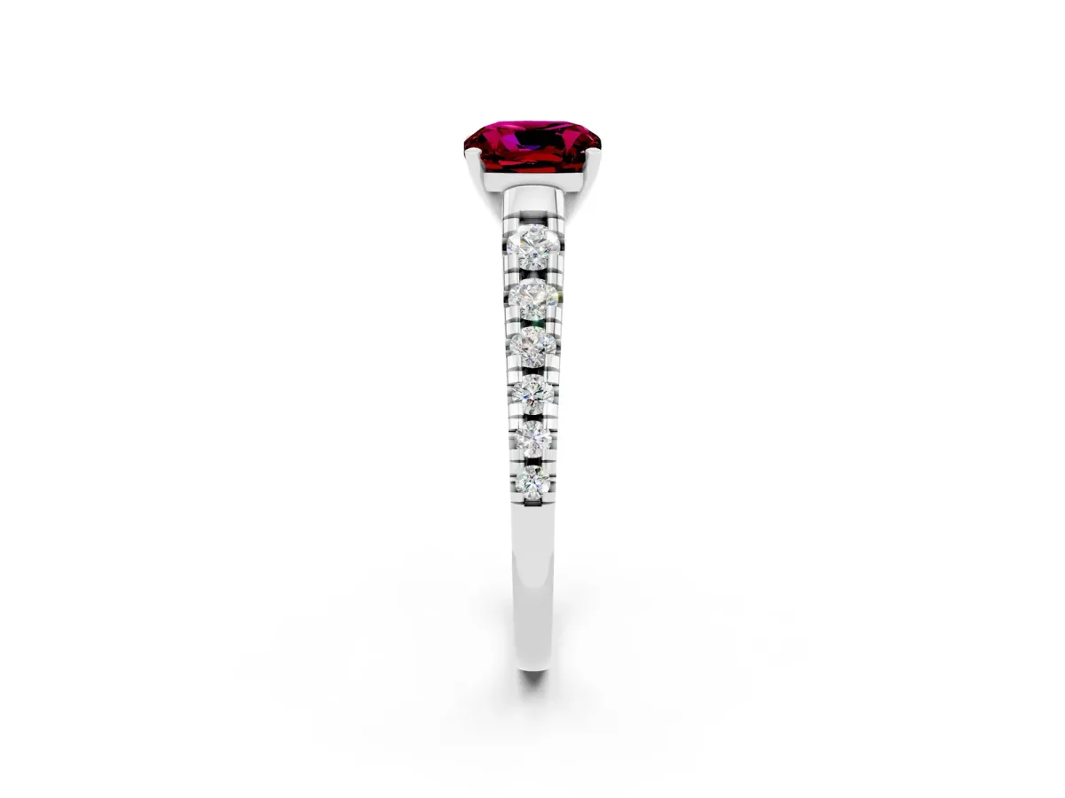 Cushion Cut Garnet Cathedral Solitaire Ring with Round Pavé Band White gold