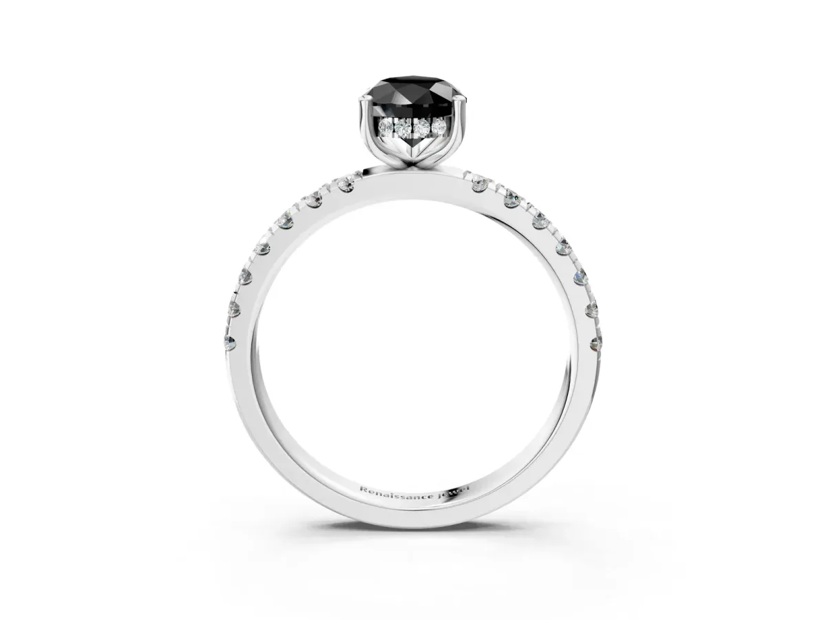 Fancy Black Pear Cut Diamond Pave Band Solitaire Ring with Round and Prong Setting Platinum