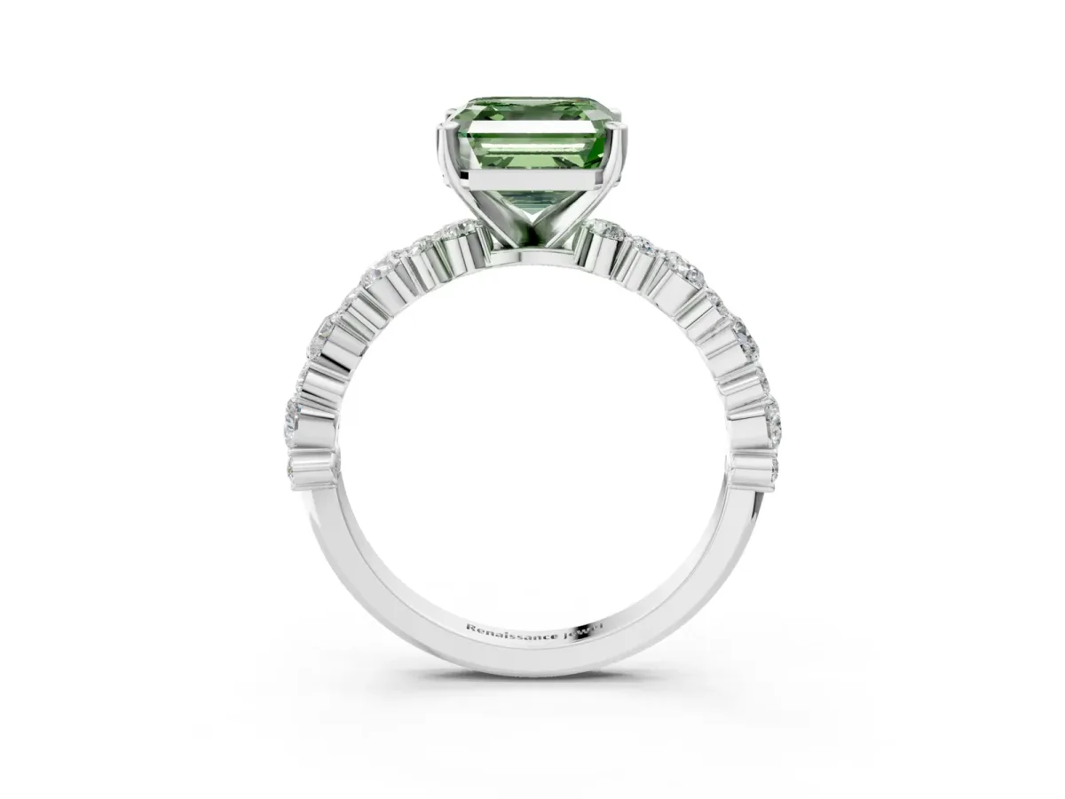Fancy Green Asscher Cut Diamond Side Stone Solitaire Ring with Round and Four-Prong Setting Platinum
