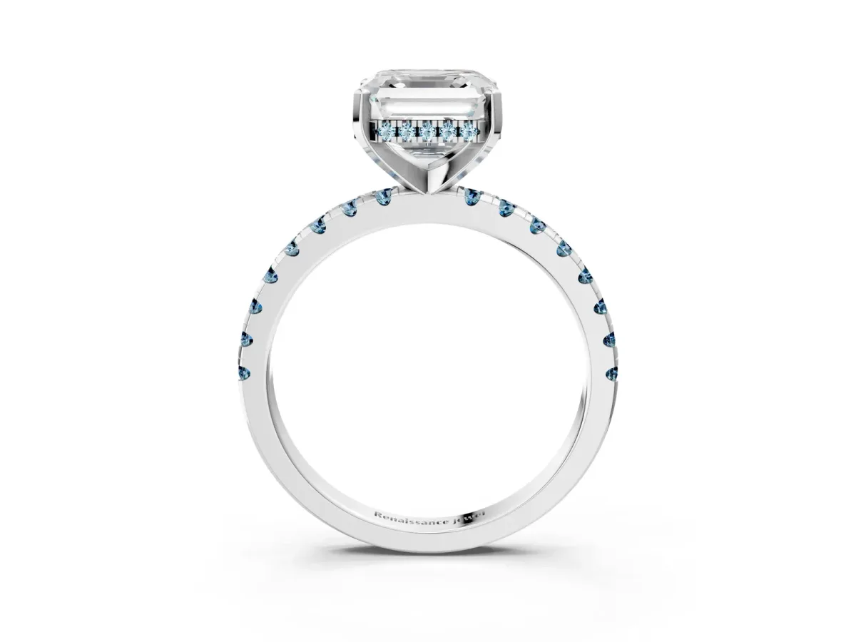 Asscher Cut Diamond Solitaire Ring with Round Aquamarine Pavé Band and Four-Prong Setting Silver