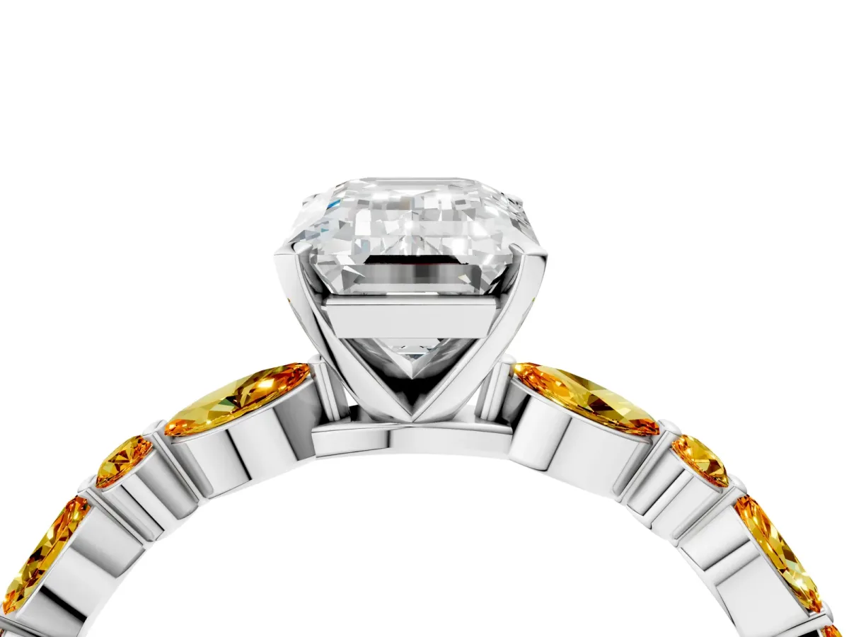 Emerald Cut Diamond Ring with Marquise and Round Citrine Side Stones and Four-Prong Setting Platinum
