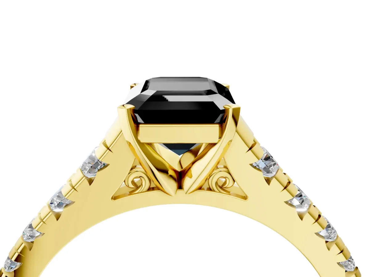 Fancy Black Emerald Cut Diamond Cathedral Solitaire Ring with Round Pavé Band Yellow gold